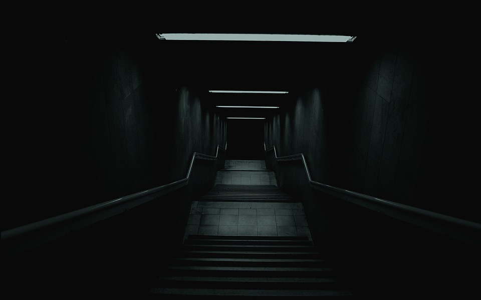 Spooky stairs leading into a dark basement.