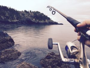 A fishing pole being cast into a body of water