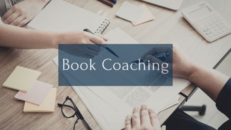 The words "Book Coachign" appear over an above-head photograph of two pairs of hands holding pens and looking over a stack of papers, with a pair of glasses nearby.